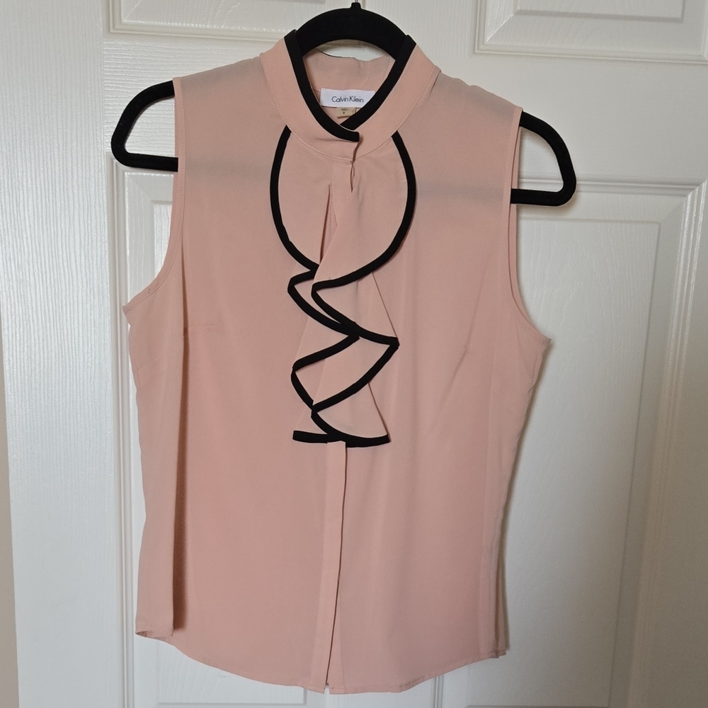Calvin Klein Blush Sleeveless Blouse with Black Trim